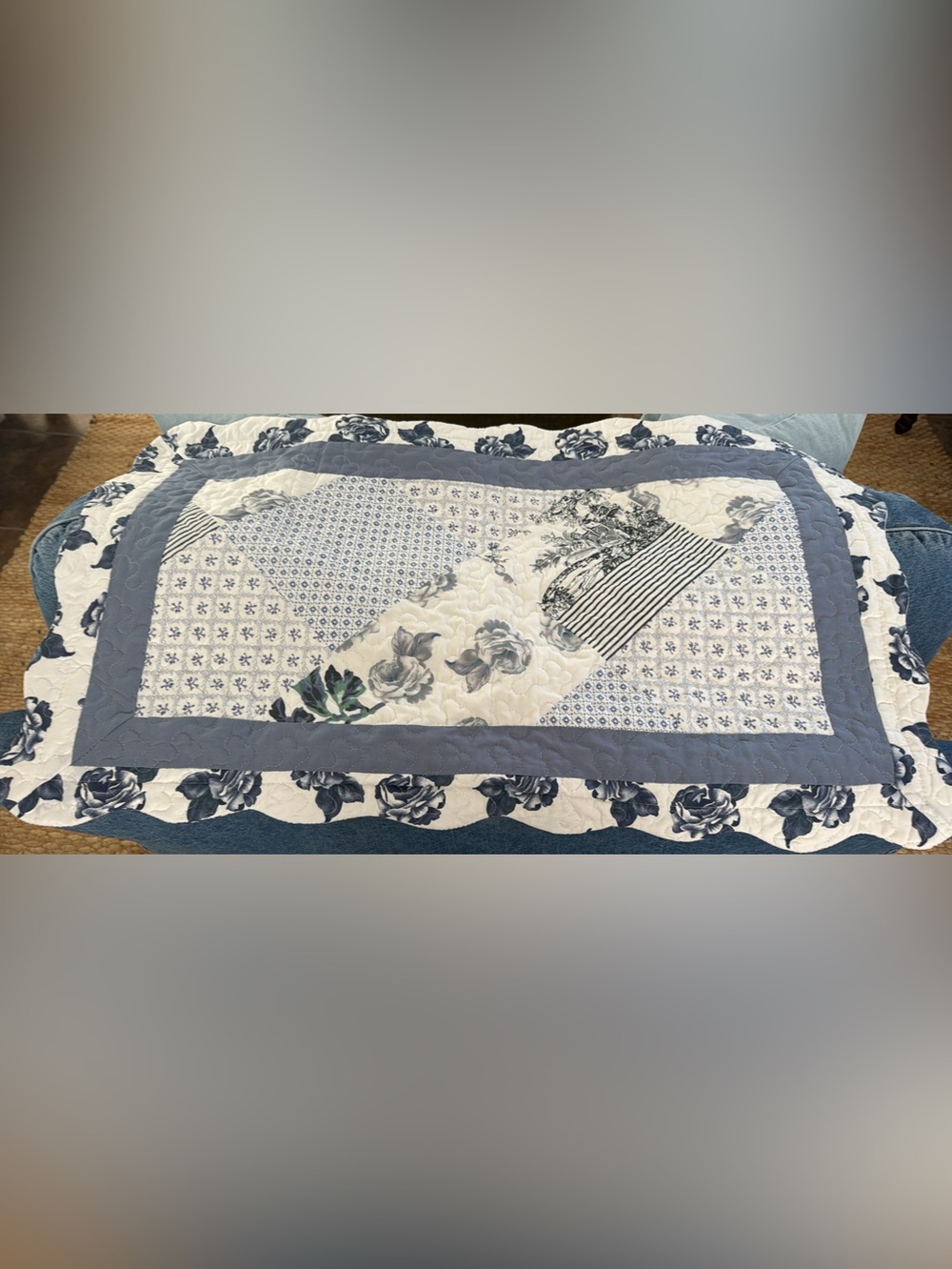 1 Classic Blue & White Floral Quilted King Pillow Sham